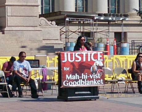 Melissa Goodblanket speaking at protest for her son MahHivist 